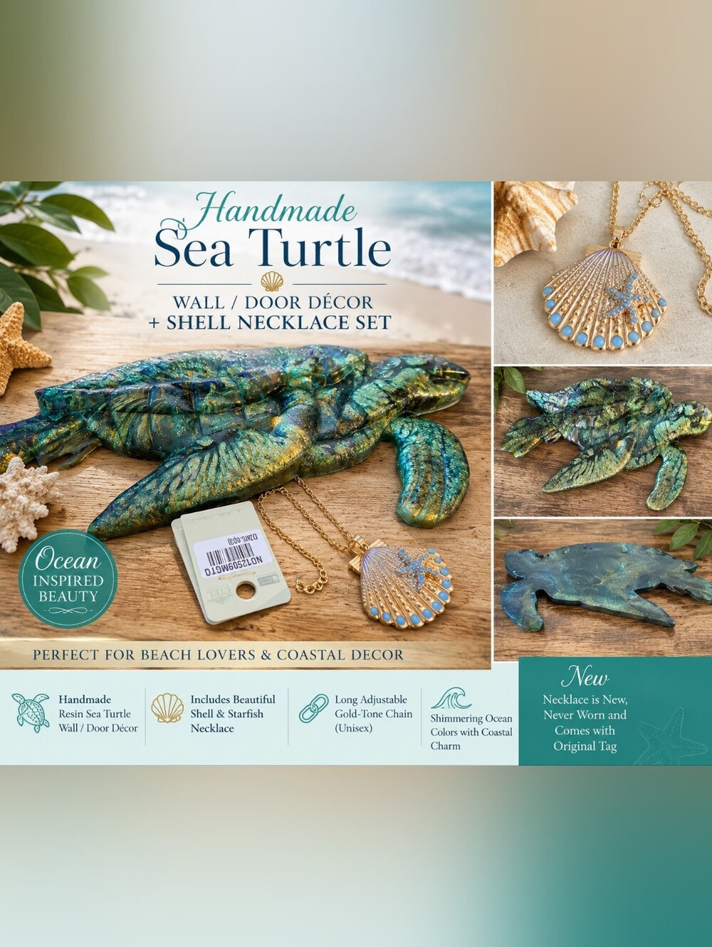 Handmade Sea Turtle Wall & Door Décor with Shell Necklace – Blue Green